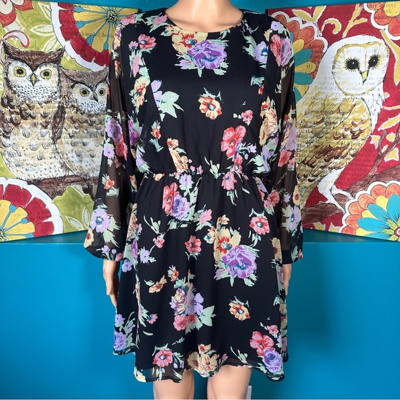 WAYF Dress Black Floral Long Sleeve Mini XS NWT Romantic Chiffon Fit & Flare - Picture 1 of 8
